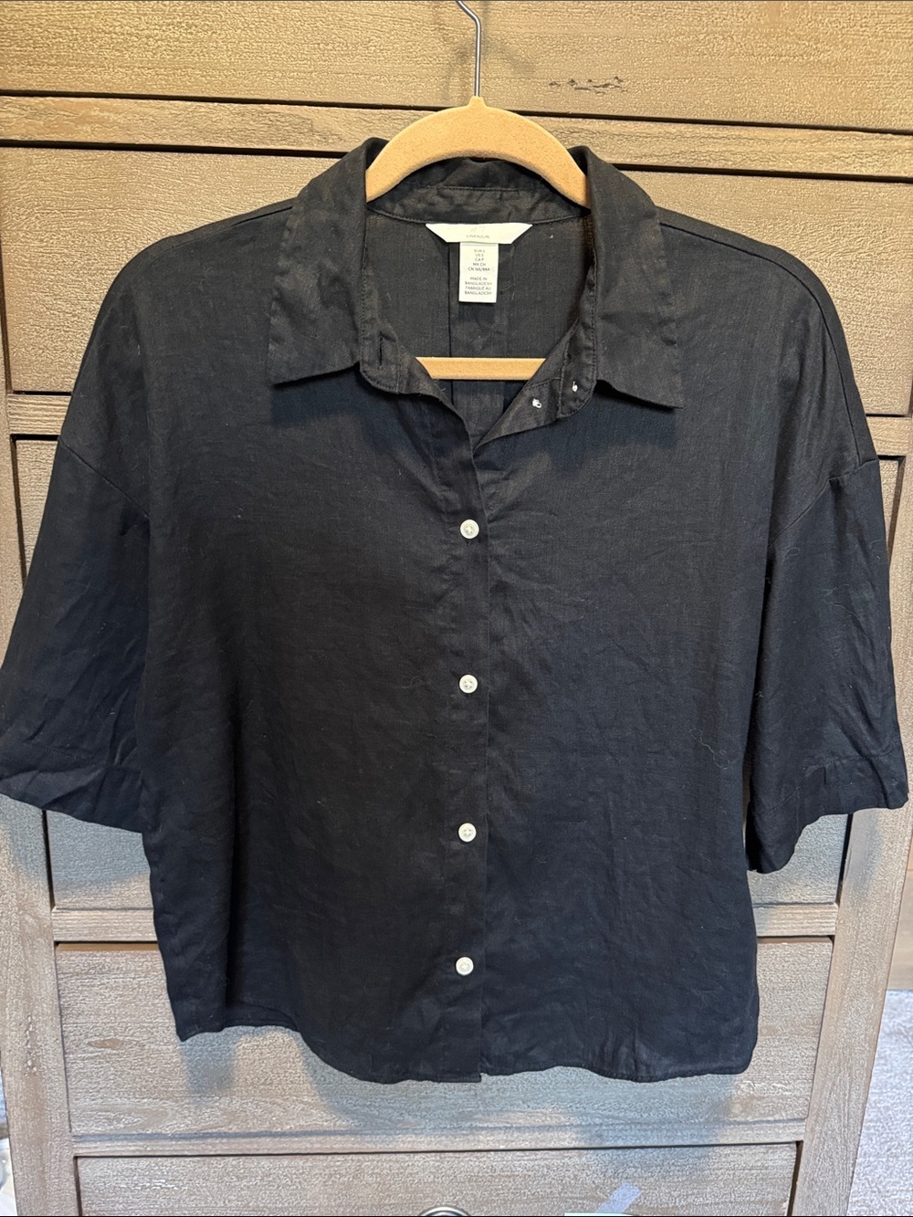 H&M 100% Linen Black Button Front Blouse Womens S Relaxed Oversized Boxy coastal
